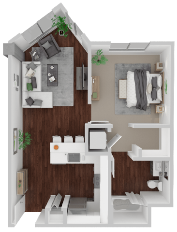 Floor plan for 1 bed, 1 bath, 676 sqft